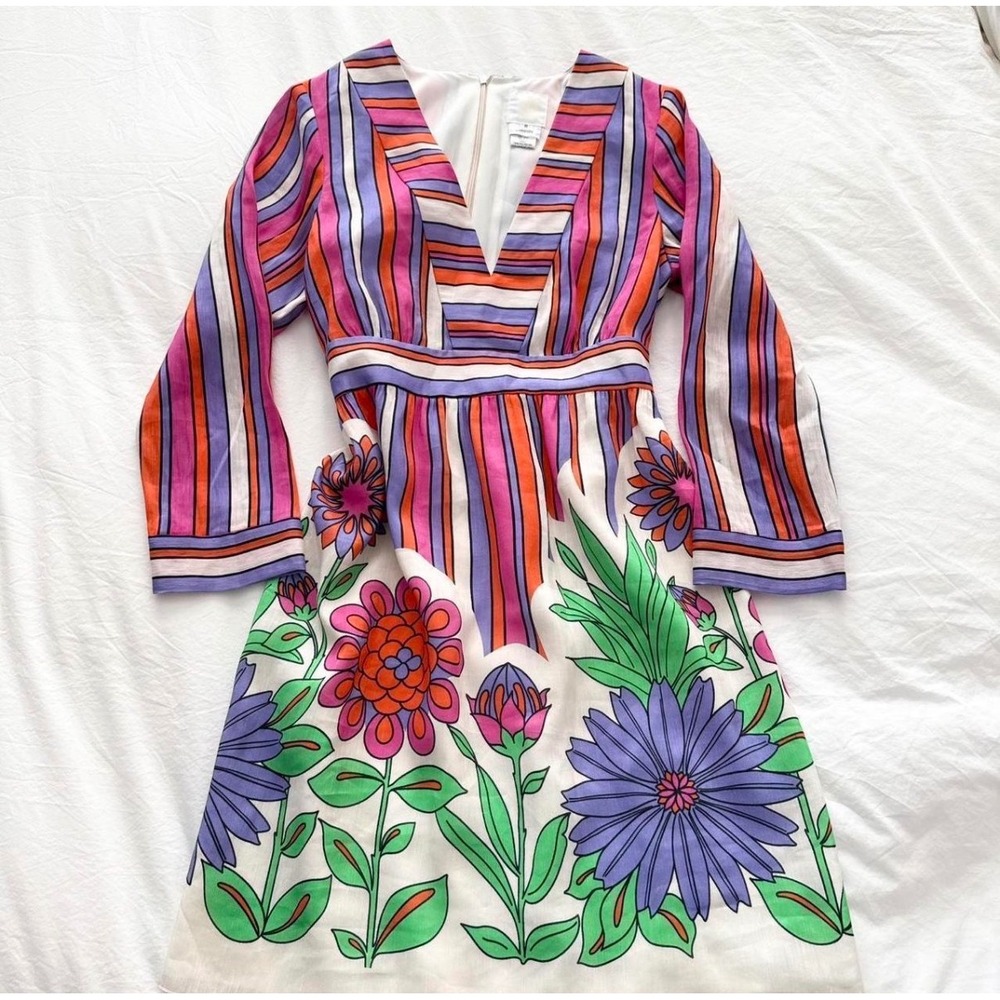Anna Sui Dazzling Dahlia Stripe Dress Azalea Silk Linen Size 6 - Picture 2 of 5